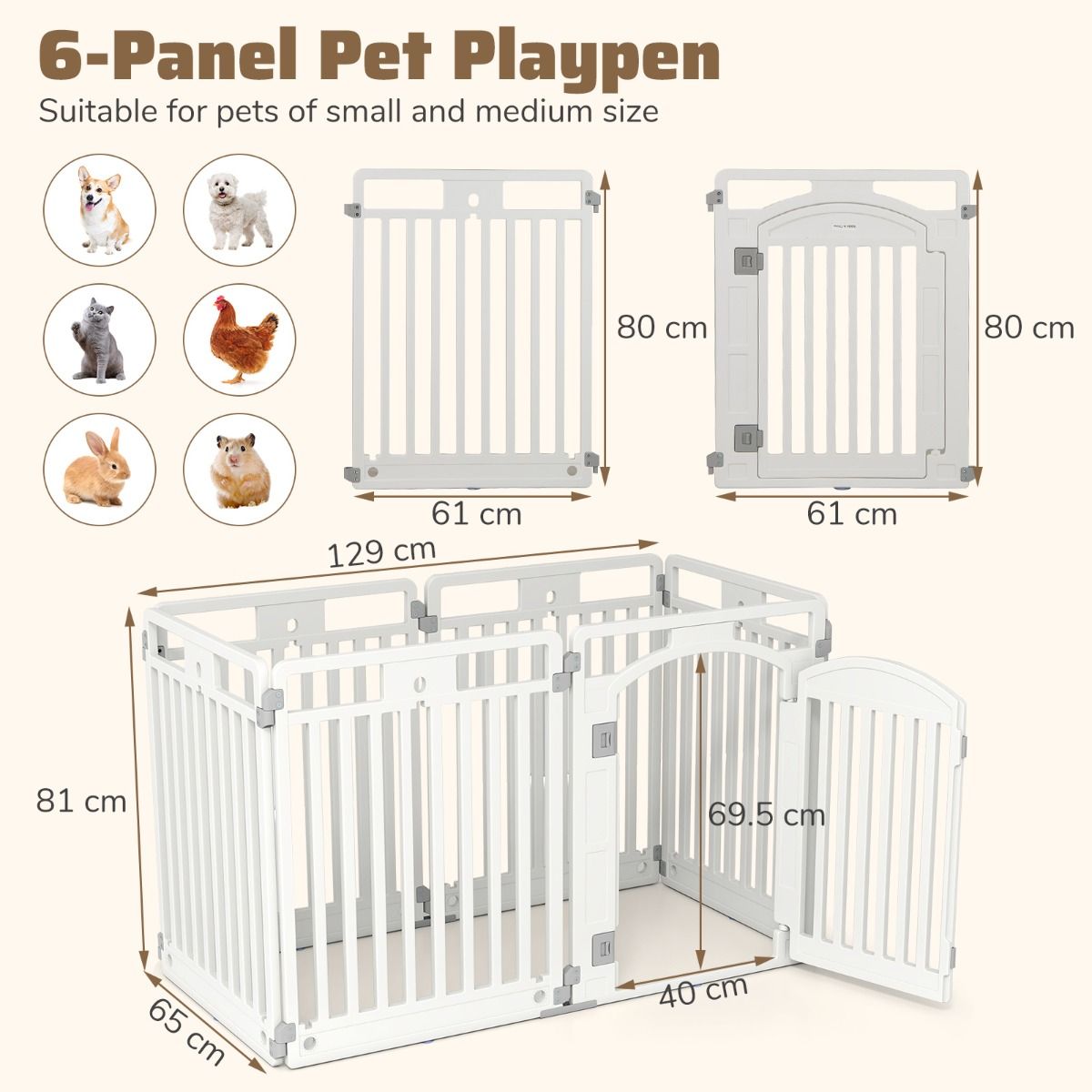 Parc à chiots pliable coast 129 x 65 x 81 cm - blanc - 6 panneaux avec porte verrouillable et enclos au sol
