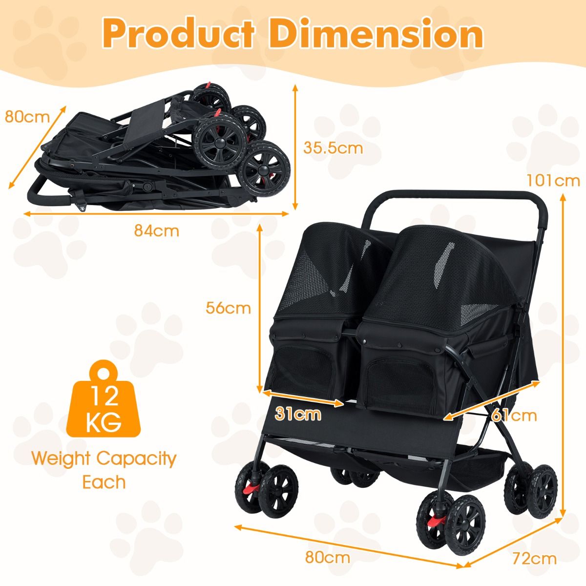 Coast Double Dog Buggy Black - 80 x 72 x 101 cm - pliable avec 2 sièges