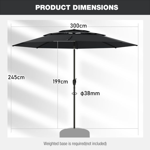 Parasol Coast 300 cm - Parasol de table 3 couches avec mécanisme d'inclinaison et manivelle - Noir