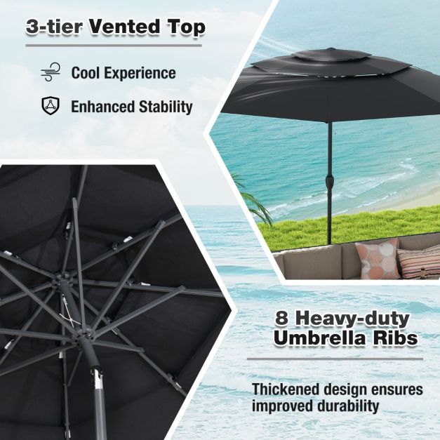 Parasol Coast 300 cm - Parasol de table 3 couches avec mécanisme d'inclinaison et manivelle - Noir