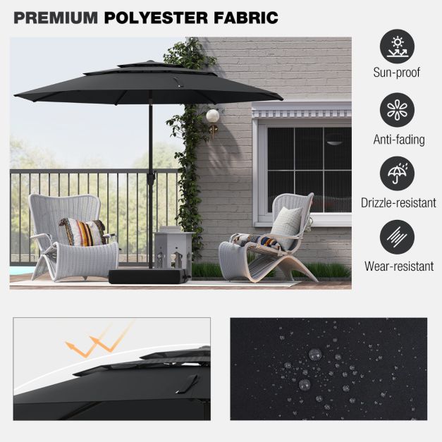 Parasol Coast 300 cm - Parasol de table 3 couches avec mécanisme d'inclinaison et manivelle - Noir