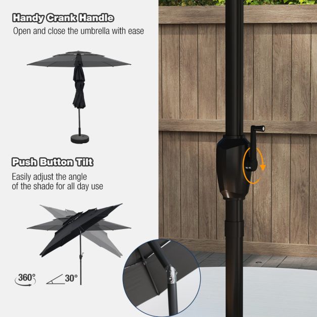 Parasol Coast 300 cm - Parasol de table 3 couches avec mécanisme d'inclinaison et manivelle - Noir