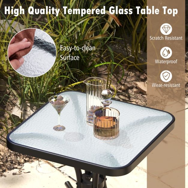 Costway Table de jardin - Verre trempé et cadre métallique - 50 x 50 x 45 cm - Noir