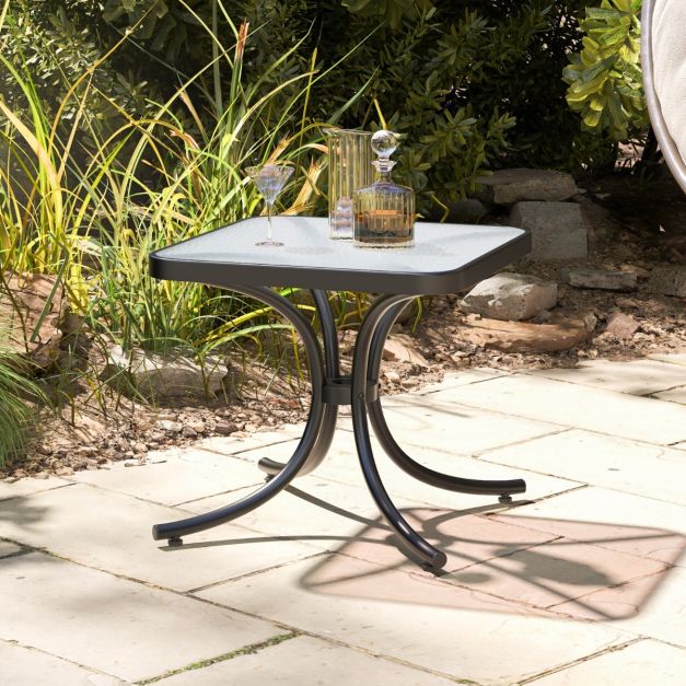 Costway Table de jardin - Verre trempé et cadre métallique - 50 x 50 x 45 cm - Noir