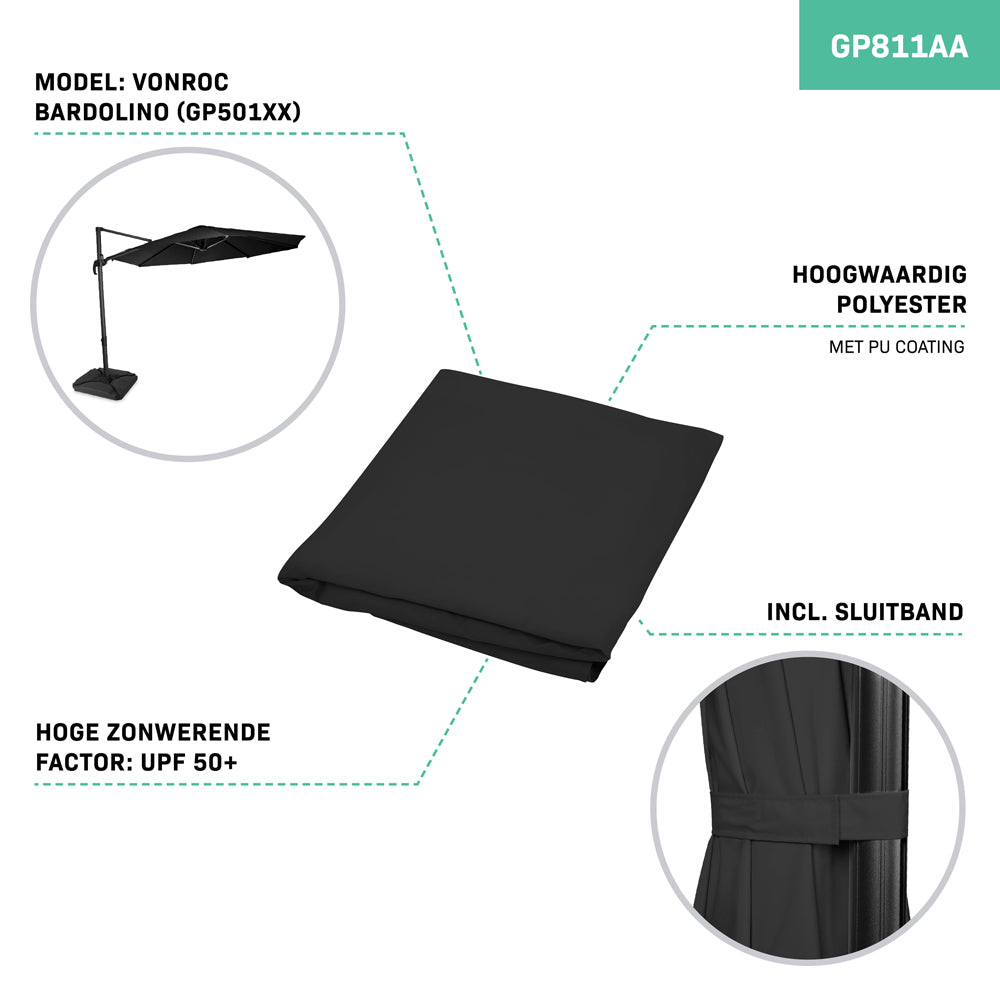 Toile de parasol vonroc - Ø300 cm - pour parasol flottant bardolino - noir