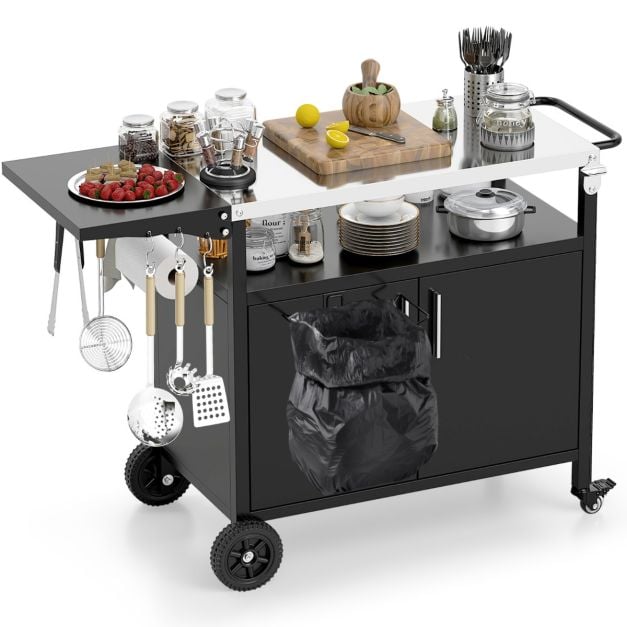 Coast Grill Trolley with Cupboard - Stainless Steel Worktop and Folding Side Table 127 x 50 x 84 cm - Black/Silver