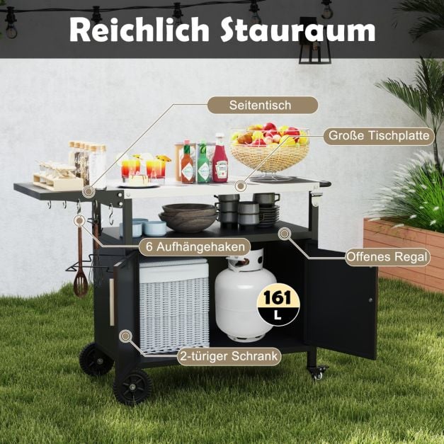 Coast Grill Trolley with Cupboard - Stainless Steel Worktop and Folding Side Table 127 x 50 x 84 cm - Black/Silver