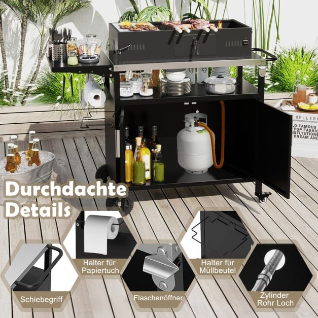 Coast Grill Trolley with Cupboard - Stainless Steel Worktop and Folding Side Table 127 x 50 x 84 cm - Black/Silver