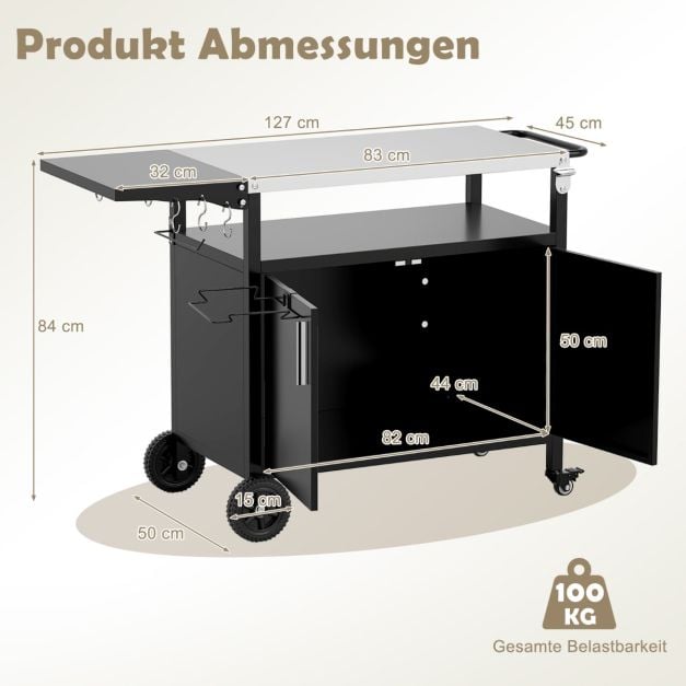 Coast Grill Trolley with Cupboard - Stainless Steel Worktop and Folding Side Table 127 x 50 x 84 cm - Black/Silver