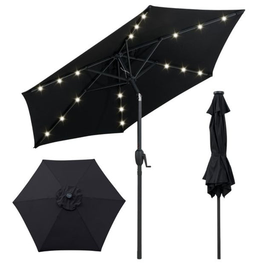 Parasol Coast - Energie solaire - Eclairage LED - Inclinable jusqu'à 35° - Manivelle - Toile ventilée - 230 cm - Noir