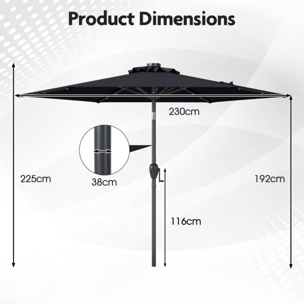 Parasol Coast - Energie solaire - Eclairage LED - Inclinable jusqu'à 35° - Manivelle - Toile ventilée - 230 cm - Noir