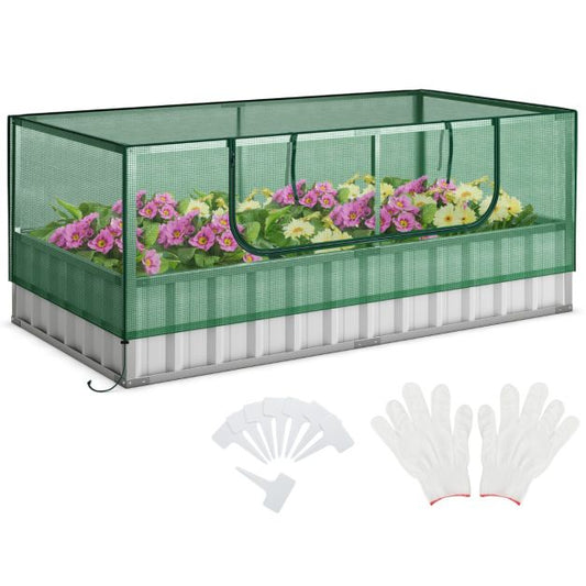 Coast Mini Greenhouse Green/Silver - Lit de jardin surélevé avec porte enroulable, gants et 8 étiquettes en T - 174 x 90 x 70 cm