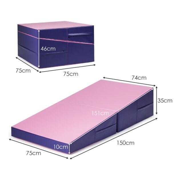 Coast Wedge Gymnastics Mat Pink/Purple - Tapis d'entraînement pliable 2 en 1 avec poignées - 150 x 75 x 36 cm