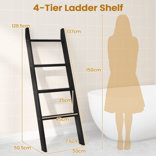 Coast Towel Ladder 4-layer - Noir - 50 x 7,5 x 137 cm - Bois massif - Modèle mural et adossé