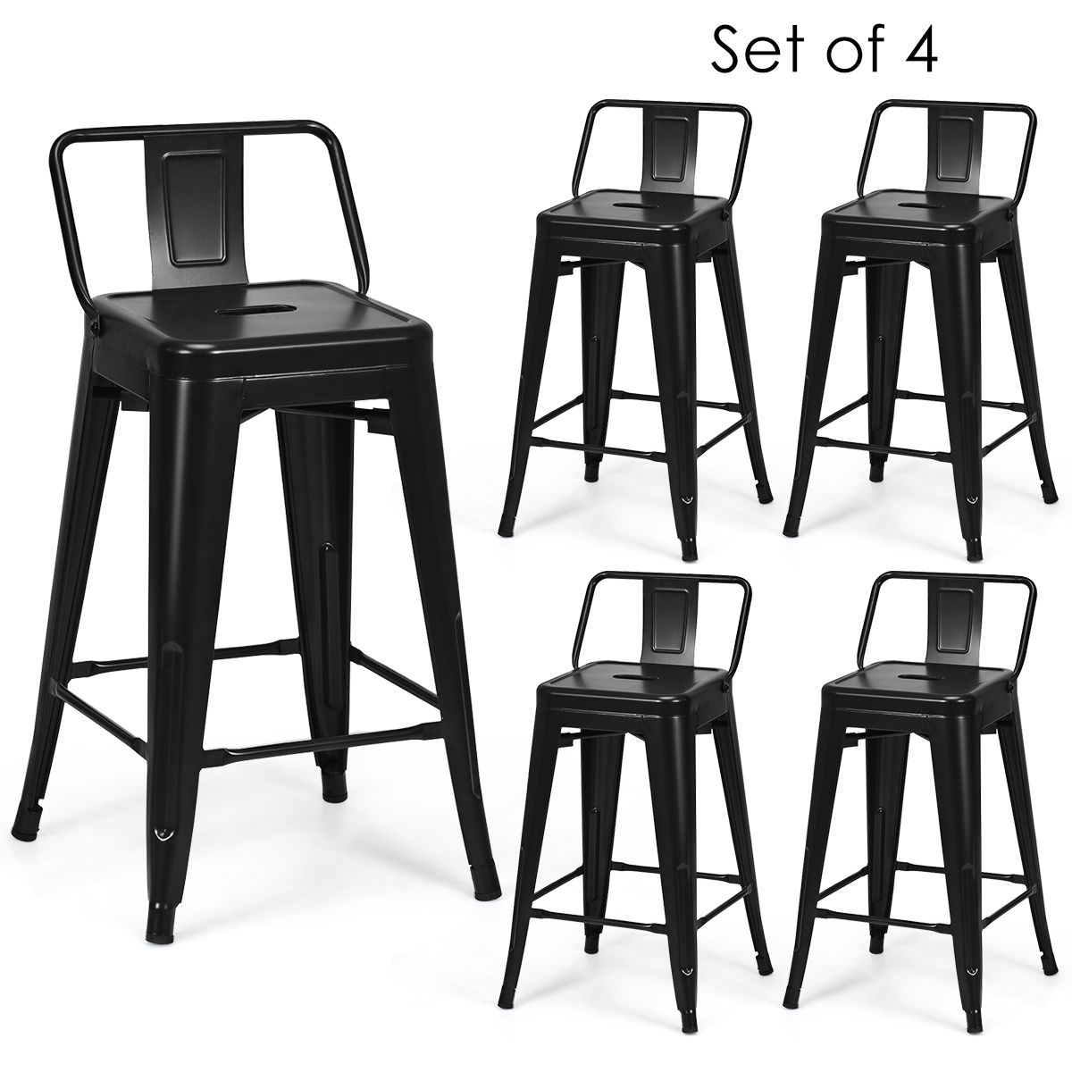 Coast Set de 4 tabourets de bar - Métal - Noir - Pieds antidérapants - 43 x 43 x 79 cm