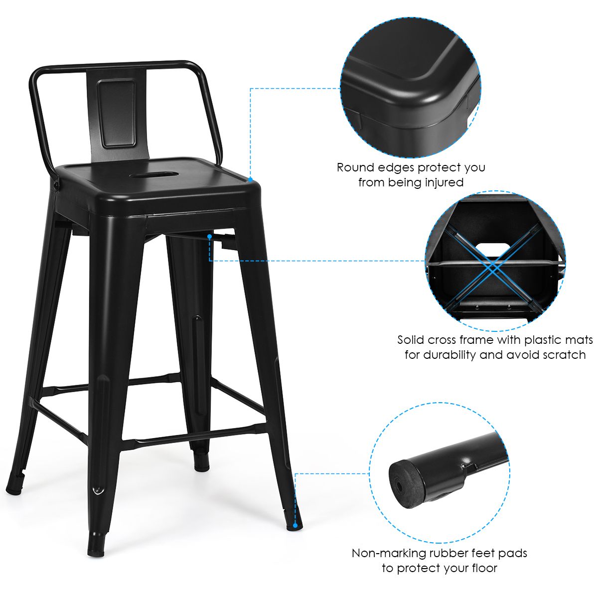 Coast Set de 4 tabourets de bar - Métal - Noir - Pieds antidérapants - 43 x 43 x 79 cm
