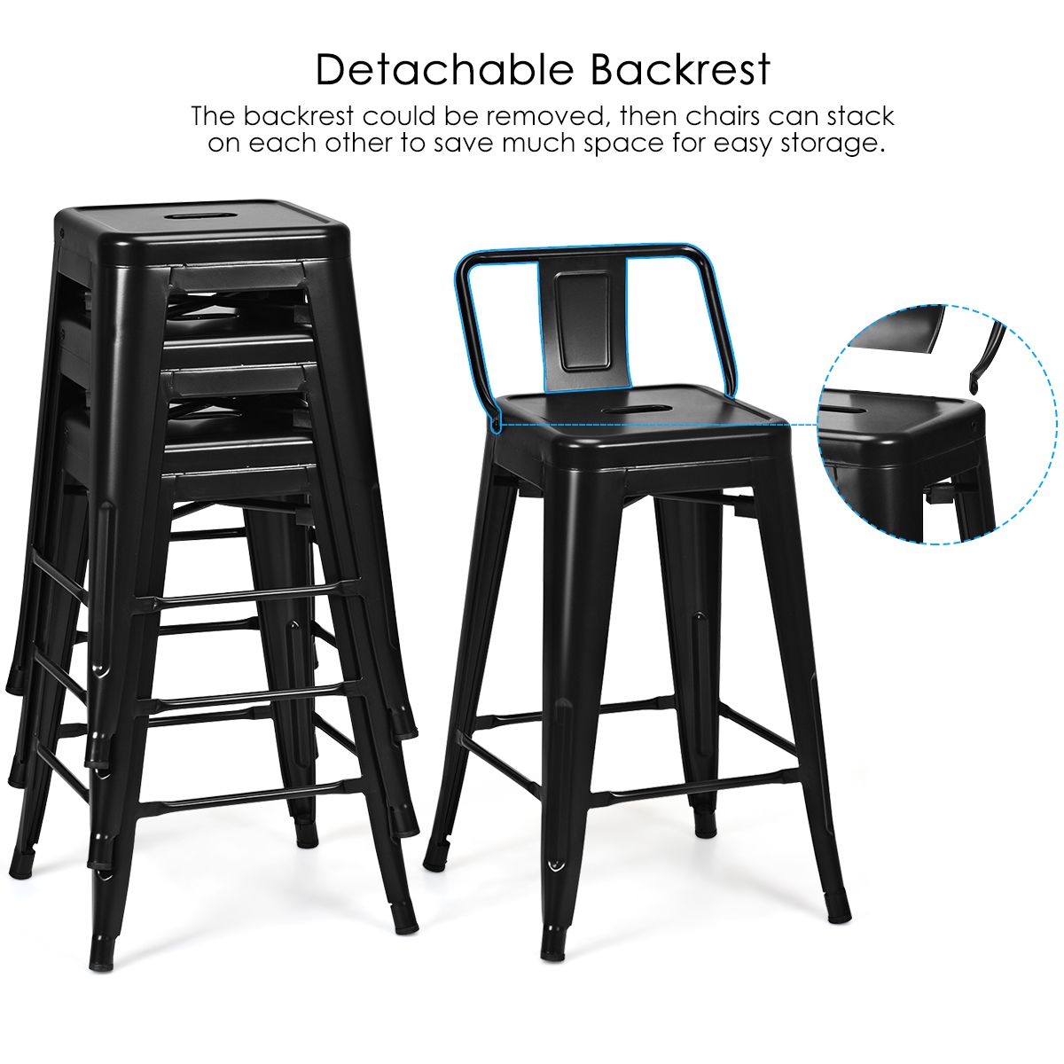 Coast Set de 4 tabourets de bar - Métal - Noir - Pieds antidérapants - 43 x 43 x 79 cm