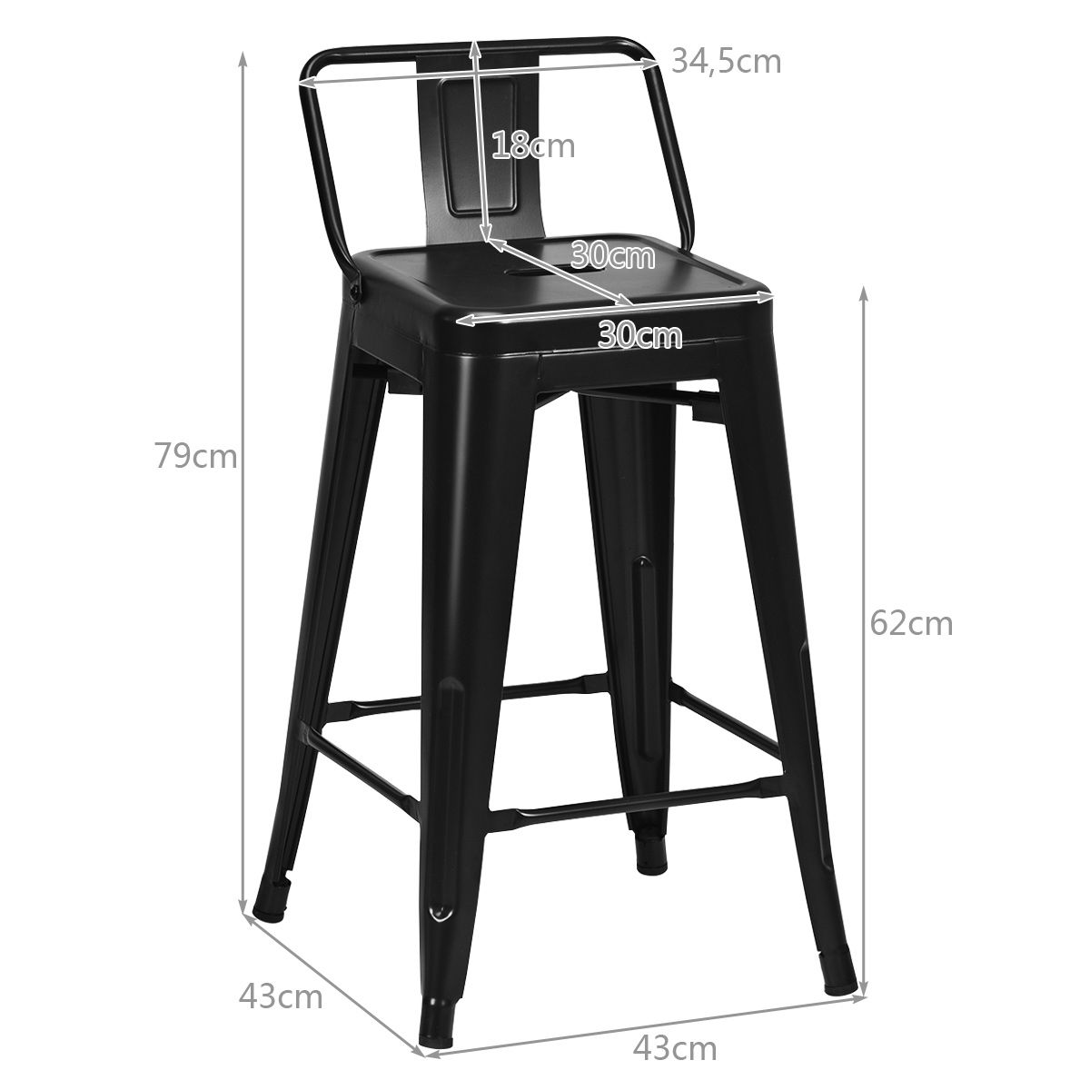 Coast Set de 4 tabourets de bar - Métal - Noir - Pieds antidérapants - 43 x 43 x 79 cm