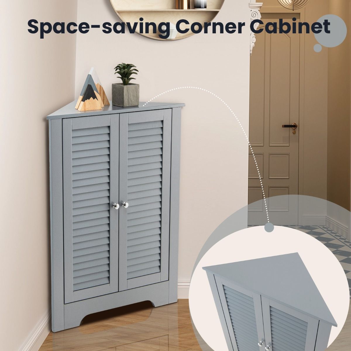 Coastal Corner Cabinet with 3 Levels - Grey - 63 x 32 x 81.5 cm - Rangement peu encombrant avec portes