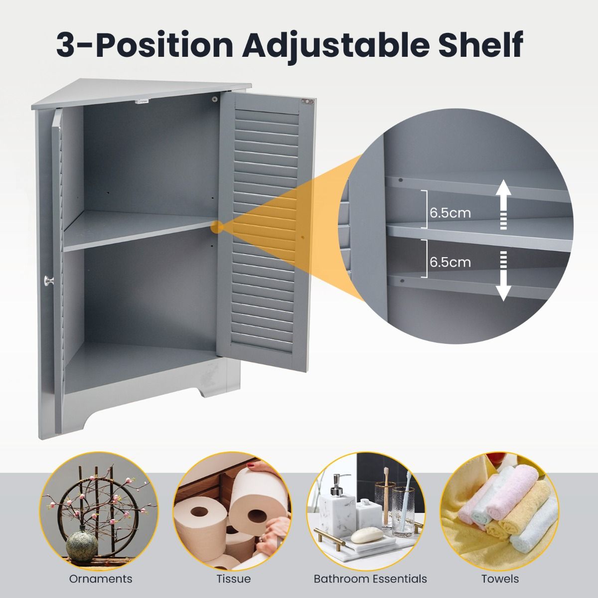 Coastal Corner Cabinet with 3 Levels - Grey - 63 x 32 x 81.5 cm - Rangement peu encombrant avec portes