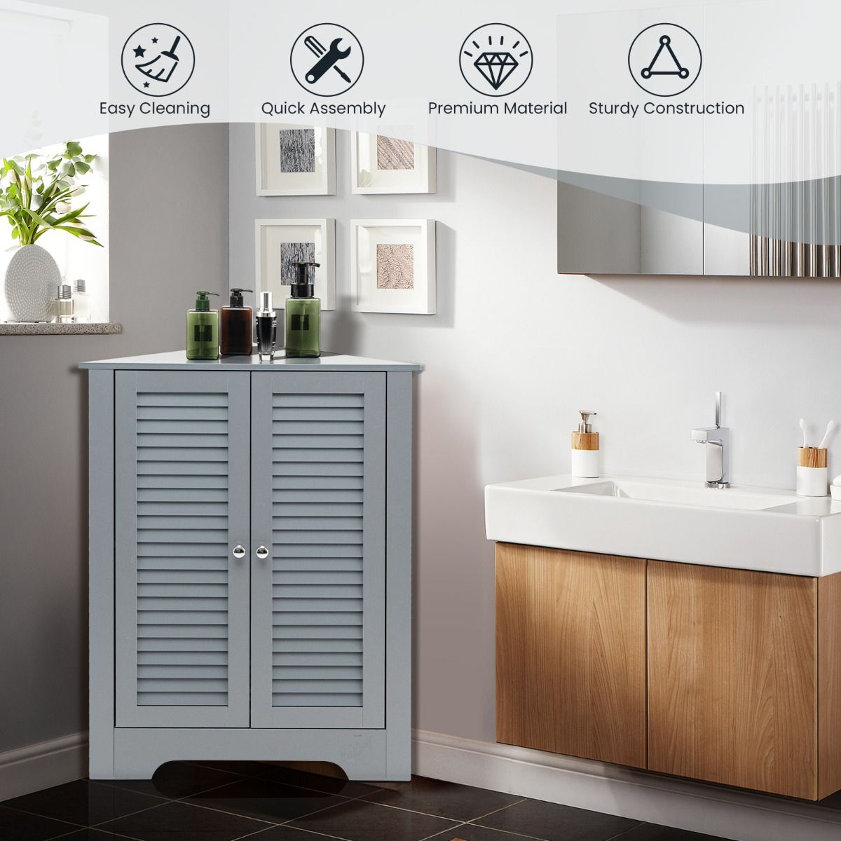 Coastal Corner Cabinet with 3 Levels - Grey - 63 x 32 x 81.5 cm - Rangement peu encombrant avec portes