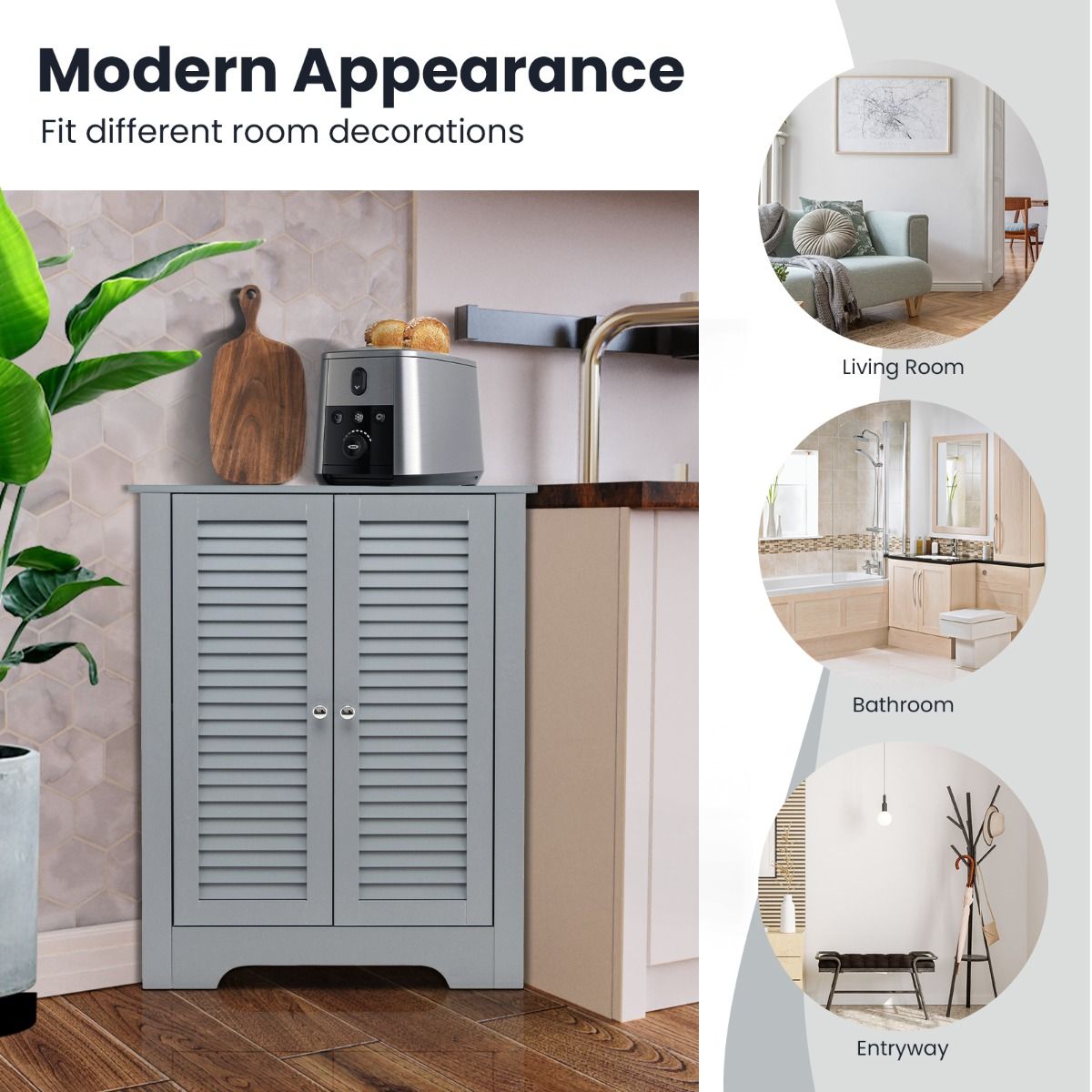 Coastal Corner Cabinet with 3 Levels - Grey - 63 x 32 x 81.5 cm - Rangement peu encombrant avec portes