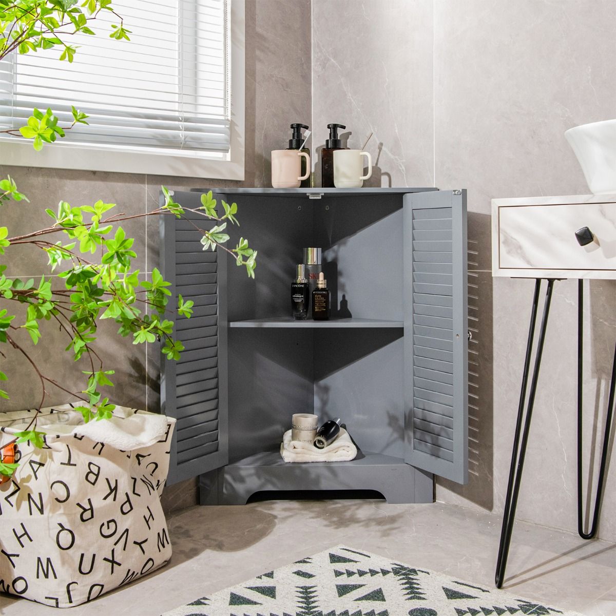Coastal Corner Cabinet with 3 Levels - Grey - 63 x 32 x 81.5 cm - Rangement peu encombrant avec portes