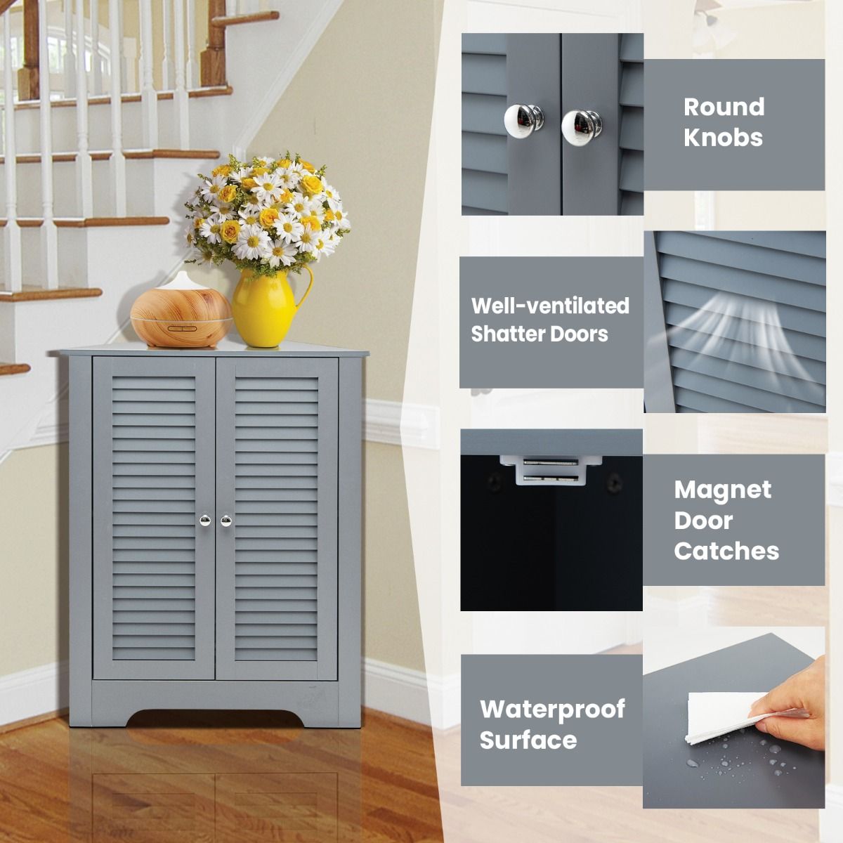 Coastal Corner Cabinet with 3 Levels - Grey - 63 x 32 x 81.5 cm - Rangement peu encombrant avec portes