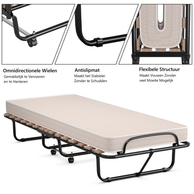 Lit Coast - Pliable - Jusqu'à 120kg. - Matelas à mémoire de forme inclus - 80 x 190 x 39 cm - Beige