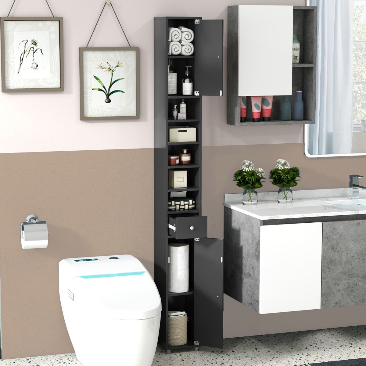 Meuble de salle de bain haut Coast - 5 étagères réglables - MDF - 20 x 20 x 180 cm - Noir