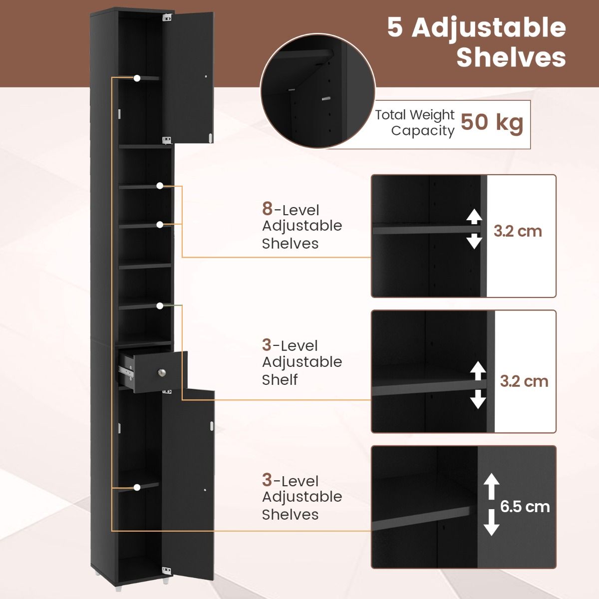 Meuble de salle de bain haut Coast - 5 étagères réglables - MDF - 20 x 20 x 180 cm - Noir