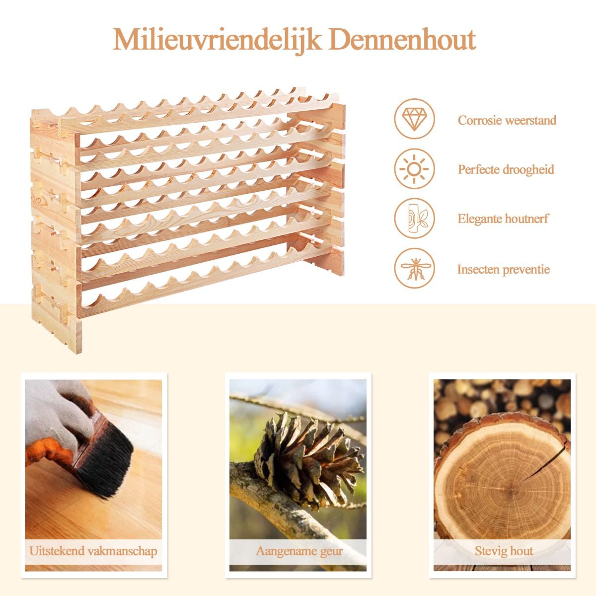 Coast Wooden Bottle Rack - Capacité pour 72 bouteilles - 6 niveaux - 119 x 29 x 72 cm - Bois de pin