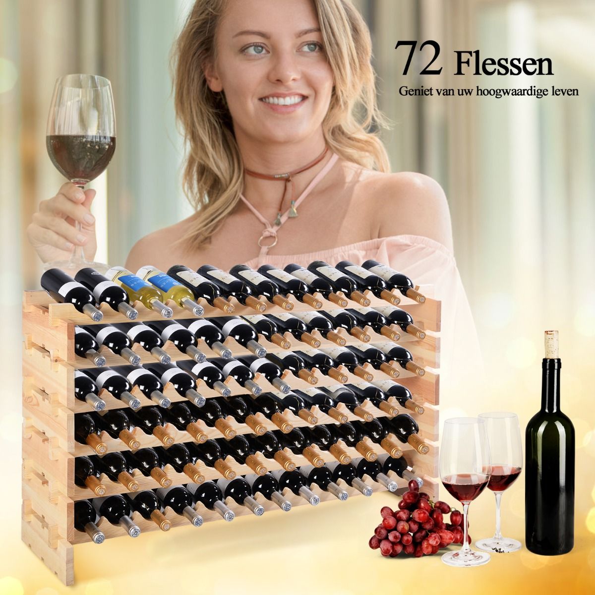 Coast Wooden Bottle Rack - Capacité pour 72 bouteilles - 6 niveaux - 119 x 29 x 72 cm - Bois de pin
