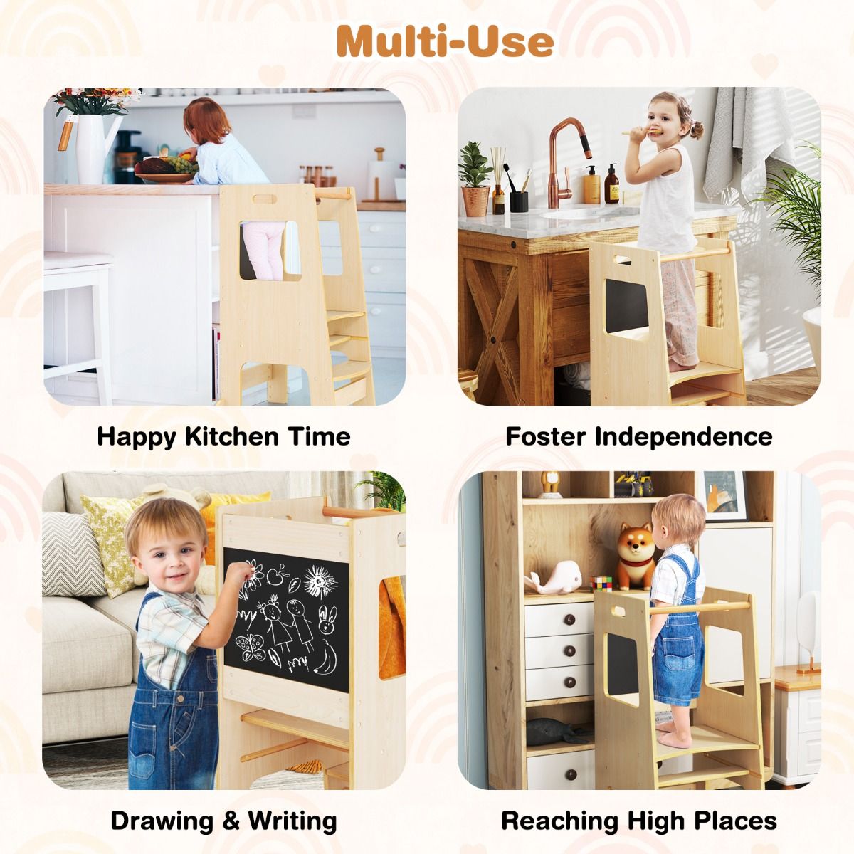 Coast Kitchen Steps for Toddlers - Tabouret en bois pour enfants avec tableau d'activités - Réglable 30/40 cm - Rail de sécurité - Naturel 60 x 49 x 91.5 cm