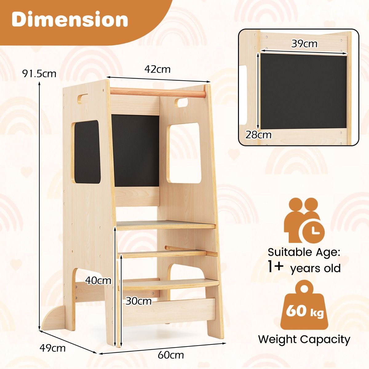 Coast Kitchen Steps for Toddlers - Tabouret en bois pour enfants avec tableau d'activités - Réglable 30/40 cm - Rail de sécurité - Naturel 60 x 49 x 91.5 cm