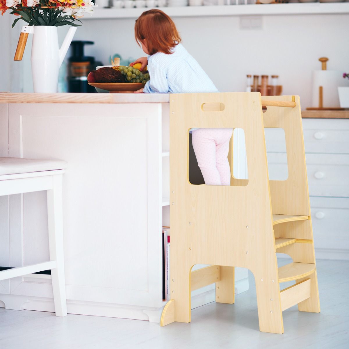 Coast Kitchen Steps for Toddlers - Tabouret en bois pour enfants avec tableau d'activités - Réglable 30/40 cm - Rail de sécurité - Naturel 60 x 49 x 91.5 cm
