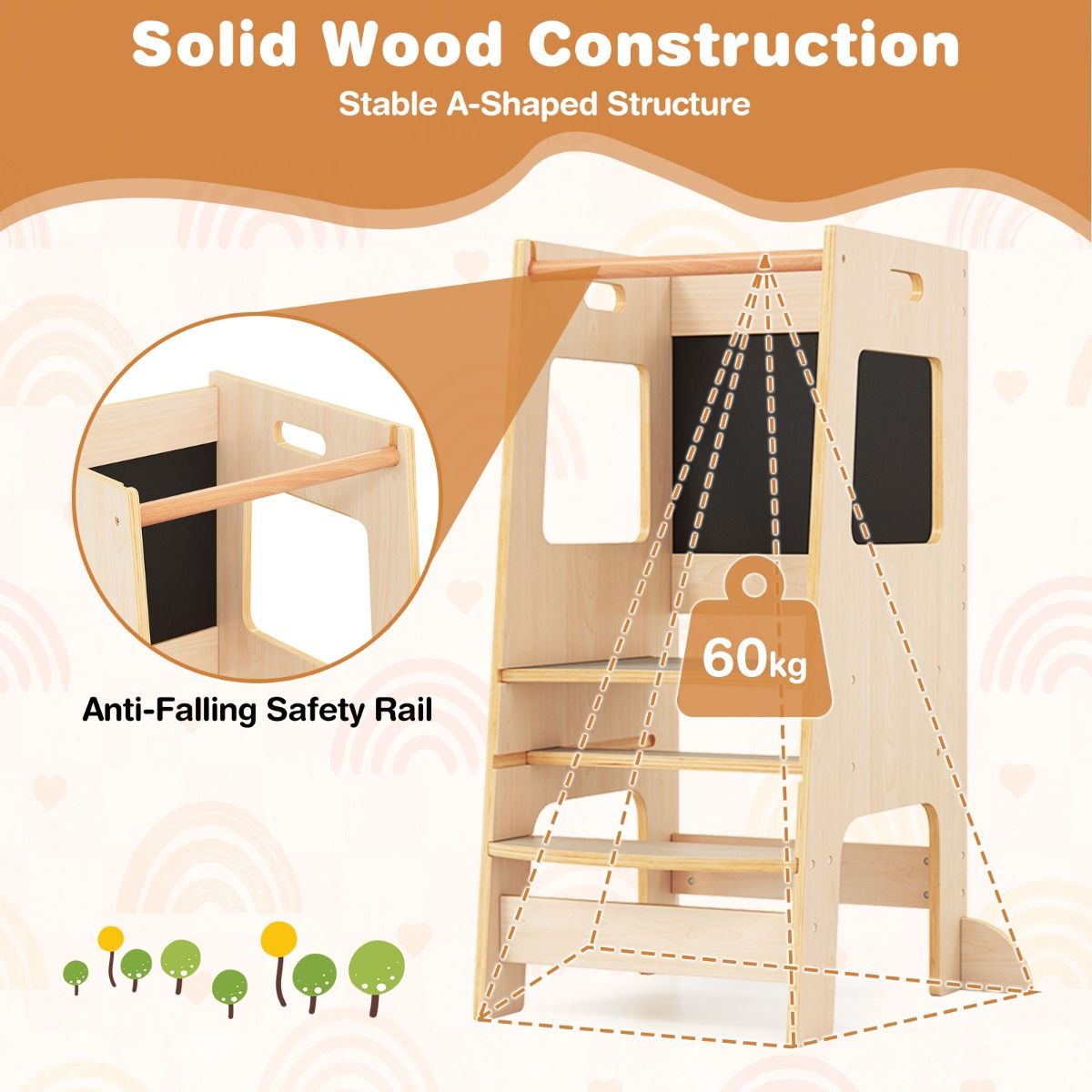 Coast Kitchen Steps for Toddlers - Tabouret en bois pour enfants avec tableau d'activités - Réglable 30/40 cm - Rail de sécurité - Naturel 60 x 49 x 91.5 cm