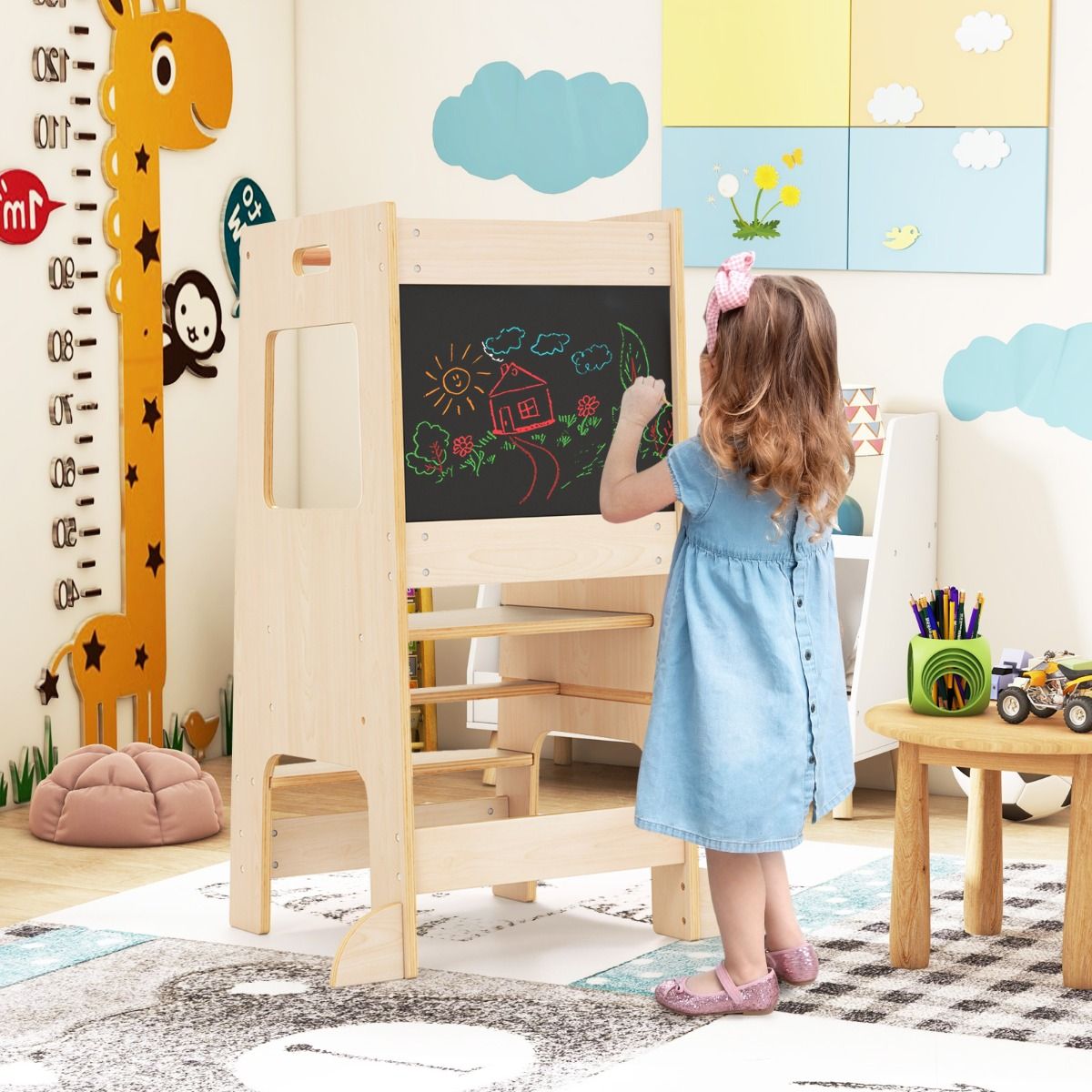 Coast Kitchen Steps for Toddlers - Tabouret en bois pour enfants avec tableau d'activités - Réglable 30/40 cm - Rail de sécurité - Naturel 60 x 49 x 91.5 cm