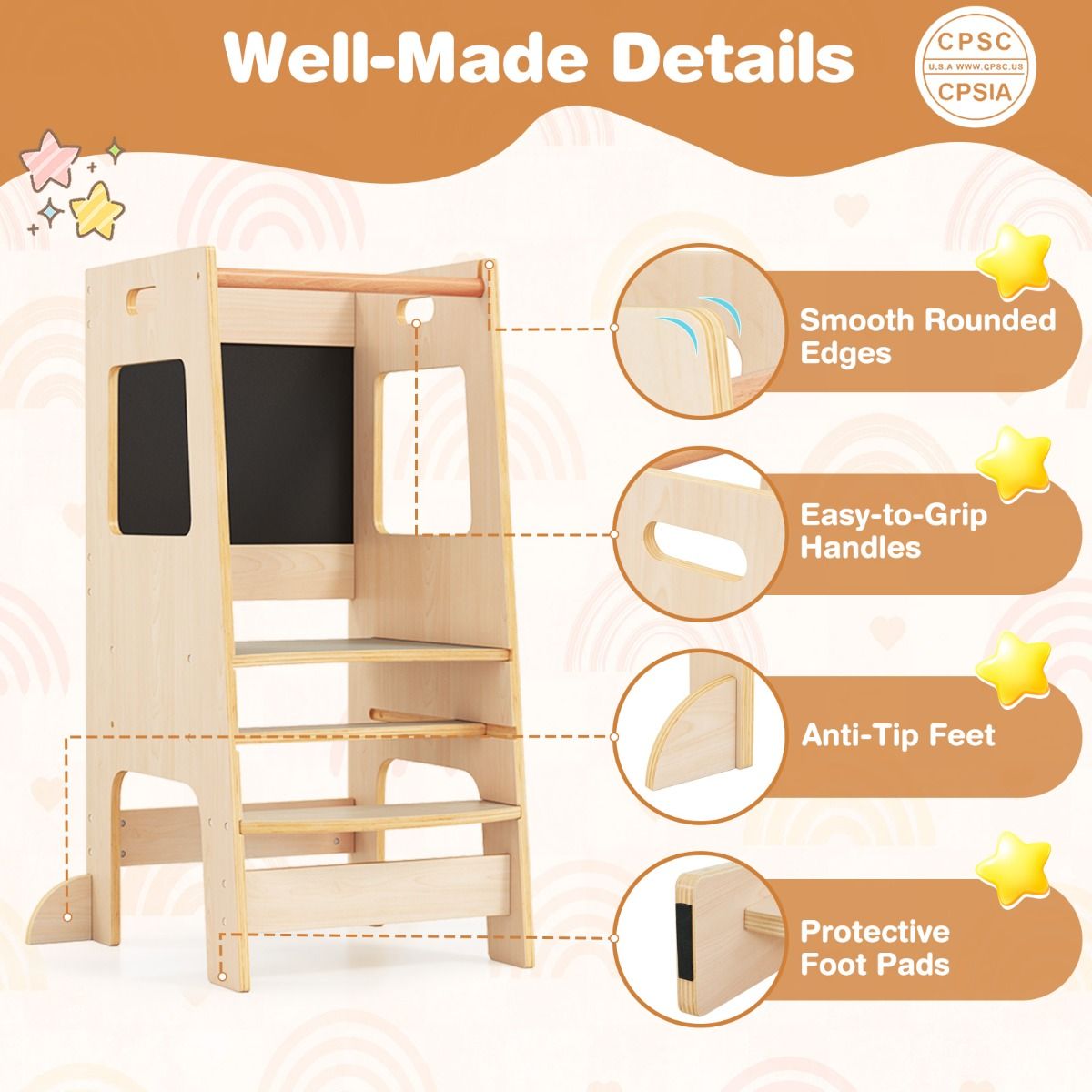 Coast Kitchen Steps for Toddlers - Tabouret en bois pour enfants avec tableau d'activités - Réglable 30/40 cm - Rail de sécurité - Naturel 60 x 49 x 91.5 cm