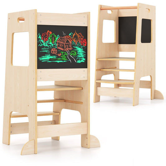 Coast Kitchen Steps for Toddlers - Tabouret en bois pour enfants avec tableau d'activités - Réglable 30/40 cm - Rail de sécurité - Naturel 60 x 49 x 91.5 cm