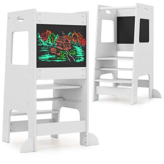 Coast Kitchen Steps for Toddlers - Tabouret en bois pour enfants avec tableau d'activités - Réglable 30/40 cm - Rail de sécurité - Blanc 60 x 49 x 91.5 cm