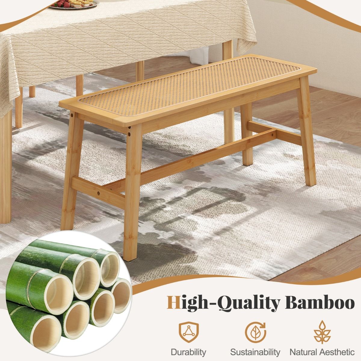 Chaise de salle à manger en bambou Coast - Assise en rotin tressé à la main - 100 x 35 x 45 cm - Couleur naturelle