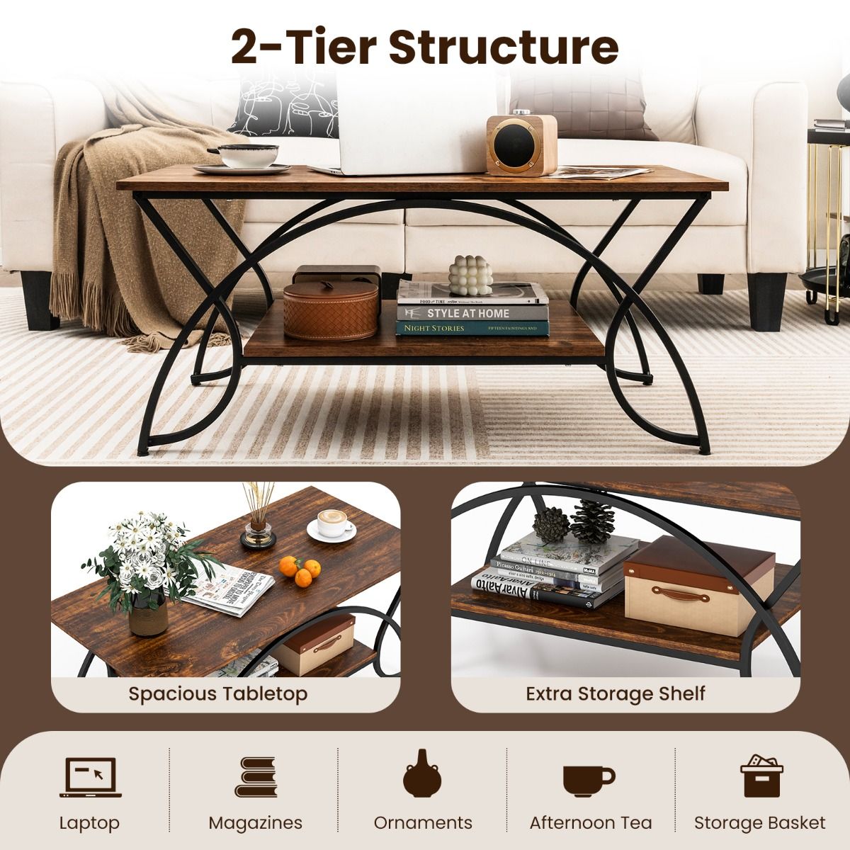 Table basse Coast aspect marbre avec étagère de rangement et cadre en métal - Rustic Brown/Black - 100 x 50 x 45 cm