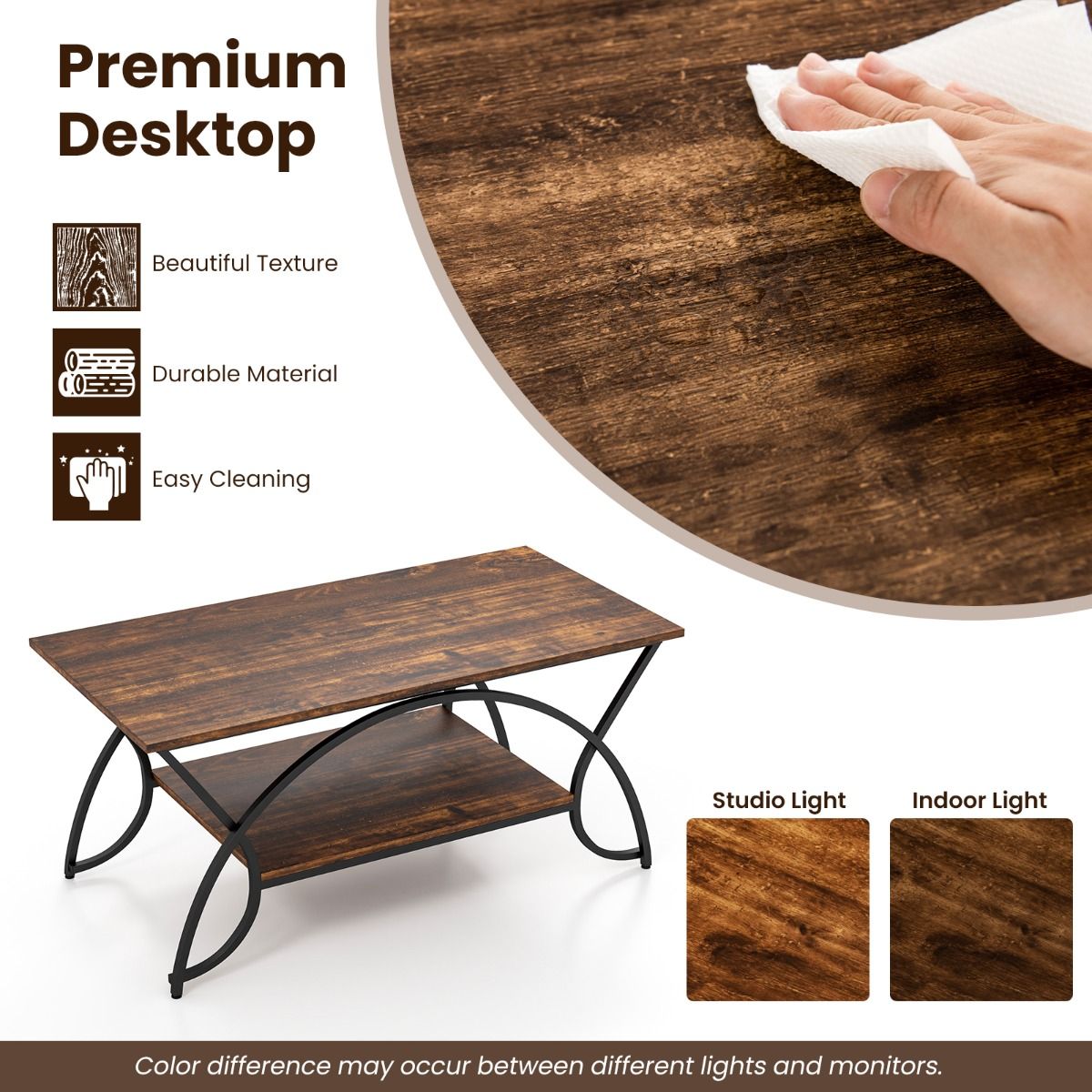 Table basse Coast aspect marbre avec étagère de rangement et cadre en métal - Rustic Brown/Black - 100 x 50 x 45 cm