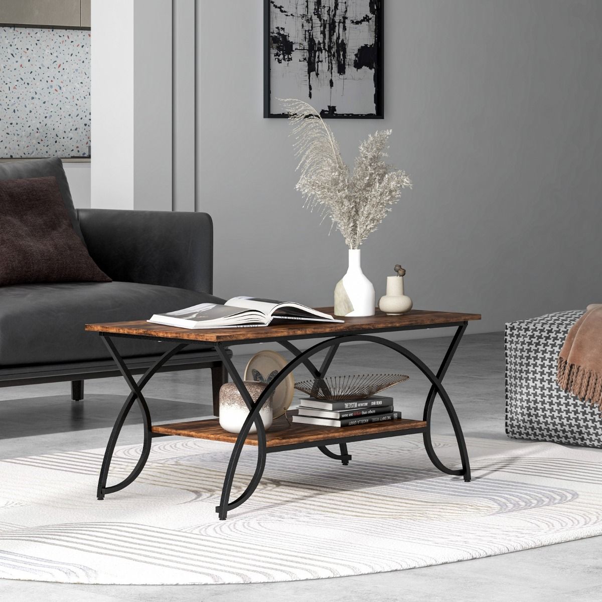 Table basse Coast aspect marbre avec étagère de rangement et cadre en métal - Rustic Brown/Black - 100 x 50 x 45 cm