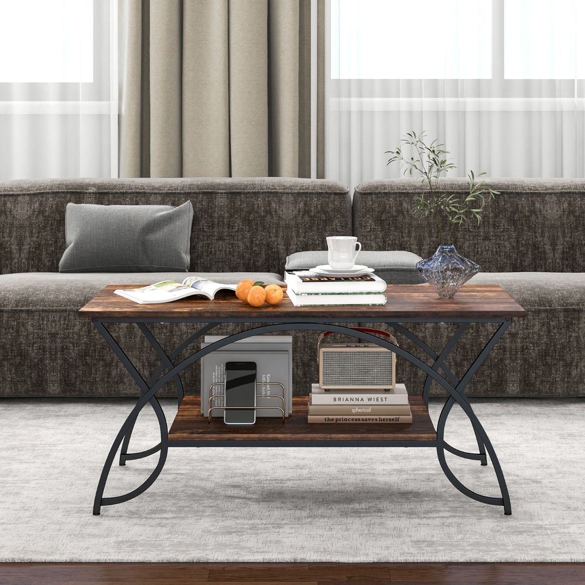 Table basse Coast aspect marbre avec étagère de rangement et cadre en métal - Rustic Brown/Black - 100 x 50 x 45 cm