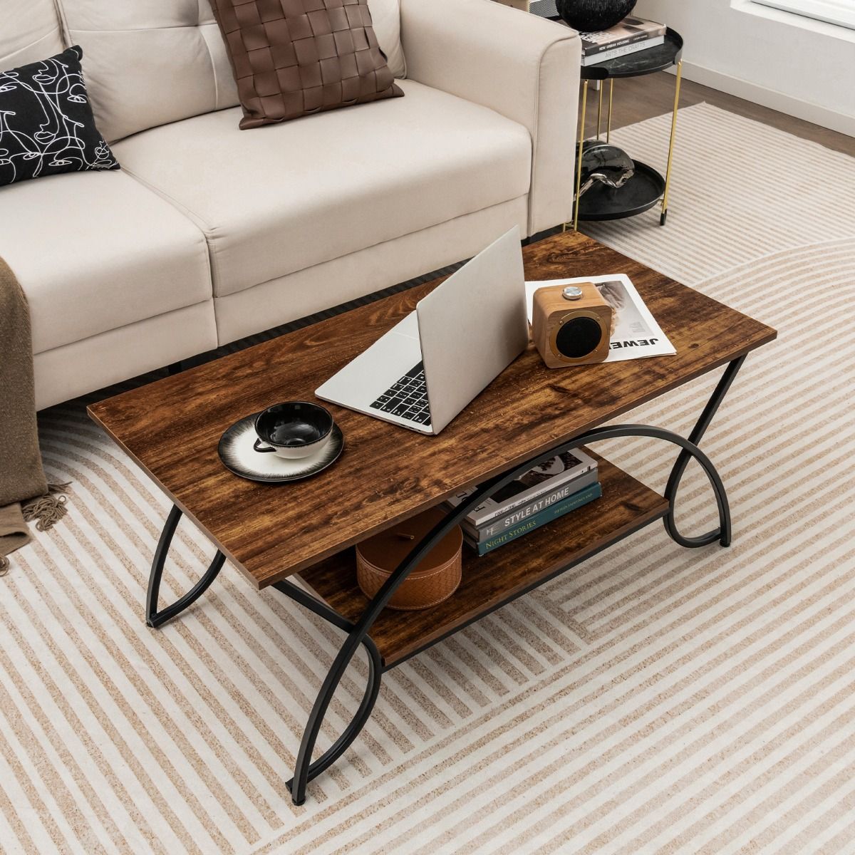 Table basse Coast aspect marbre avec étagère de rangement et cadre en métal - Rustic Brown/Black - 100 x 50 x 45 cm