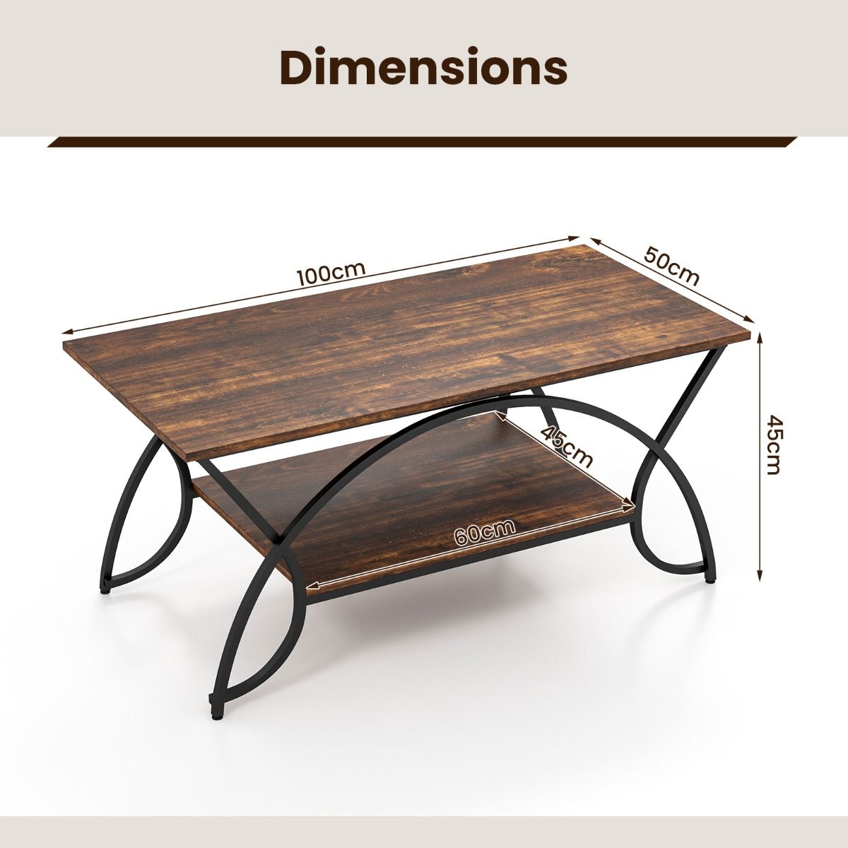 Table basse Coast aspect marbre avec étagère de rangement et cadre en métal - Rustic Brown/Black - 100 x 50 x 45 cm