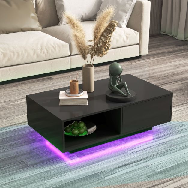 Coast Table basse LED High Gloss - Avec télécommande, tiroir et compartiment ouvert - 95 x 55 x 31 cm - MDF/Bois composite - Noir