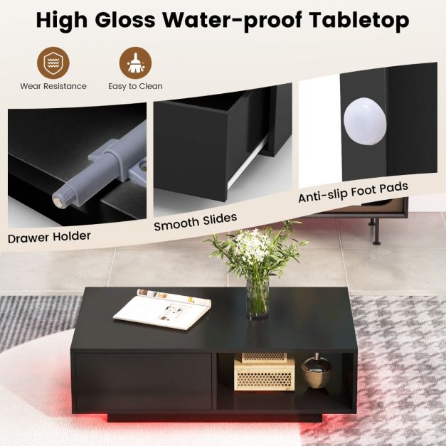 Coast Table basse LED High Gloss - Avec télécommande, tiroir et compartiment ouvert - 95 x 55 x 31 cm - MDF/Bois composite - Noir